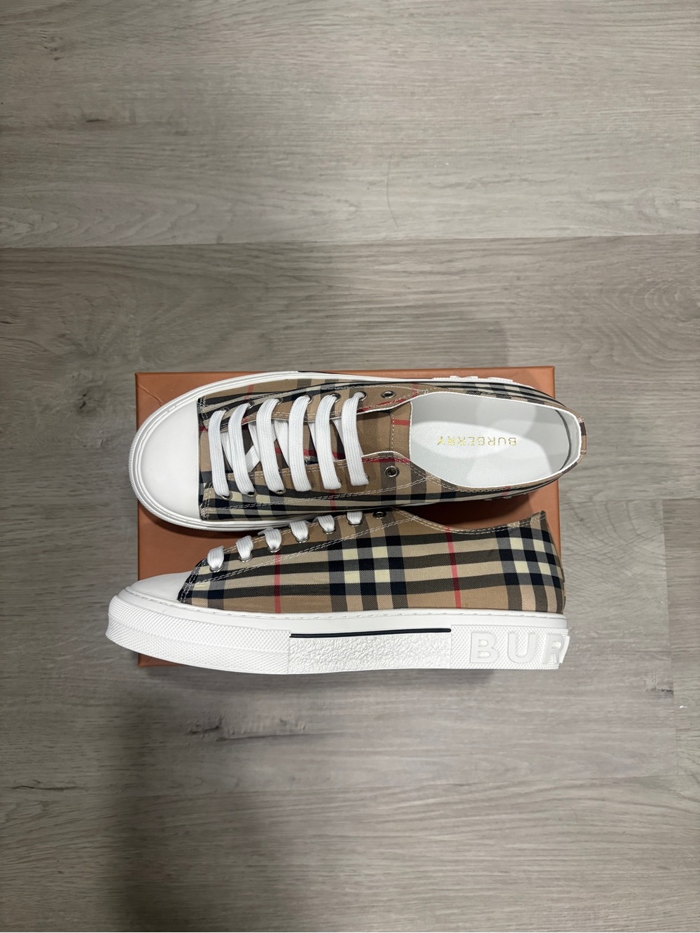 Burberry Beige Check Low-Top Canvas Sneakers with White Sole